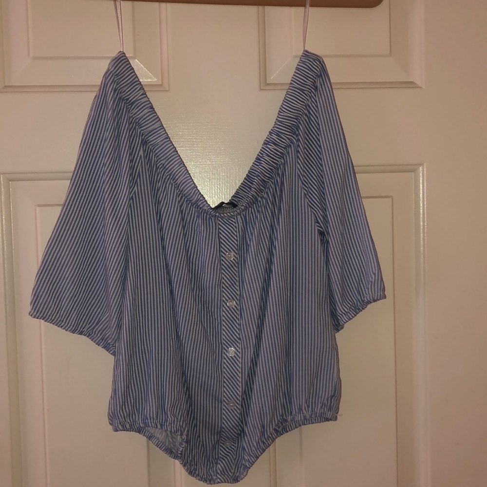 Blue and white stripe off the shoulder blouse